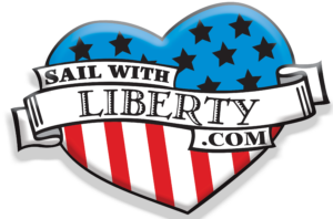 A heart with stars, stripes, and a banner sash with the words Sail with Liberty is featured.